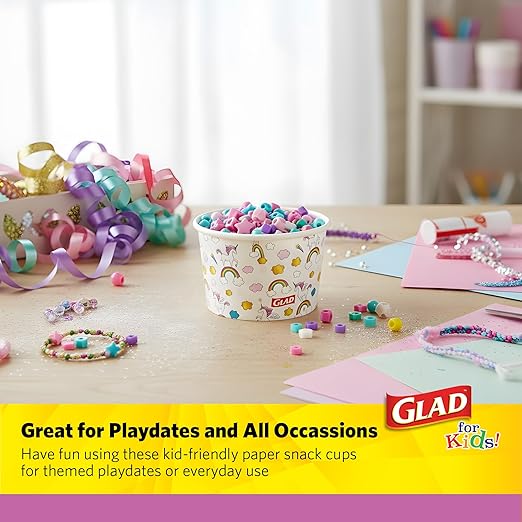 Glad for Kids Unicorn Paper Mini Snack Bowls, Lids Not Included - Heavy Duty Disposable Snack Cups with Unicorn Print, No Lids Included, 6 Ounce, 20 Count