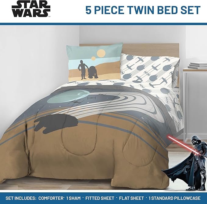 Jay Franco Star Wars Twin Size Comforter Set - 5 Piece Bedding Includes Sheet Set & Pillow Covers - Super Soft Cozy Bedding with Death Star and Millennium Falcon