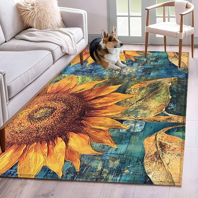 Area Rug 4x6ft, Rustic Golden Sunflower on Teal Blue Washable Rugs for Living Room Bedroom, Abstract Floral Soft Non-Slip Area Rugs Rectangle Floor Carpet for Dining Room