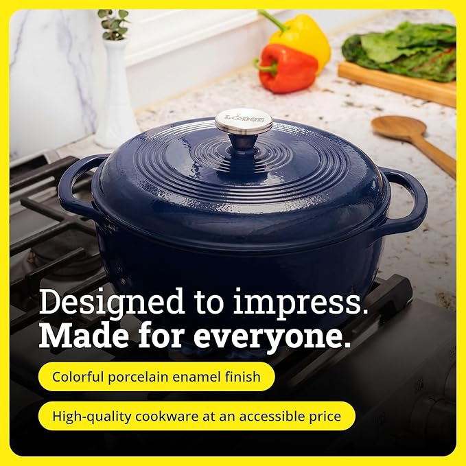 Lodge Essential Enamel Cast Iron Dutch Oven - Perfect for Bread Baking, Braising, Marinating & Slow Cooking - Features Moisture-Sealing Lid & Dual Handles - Kitchen Essentials - 6 Quarts - Indigo