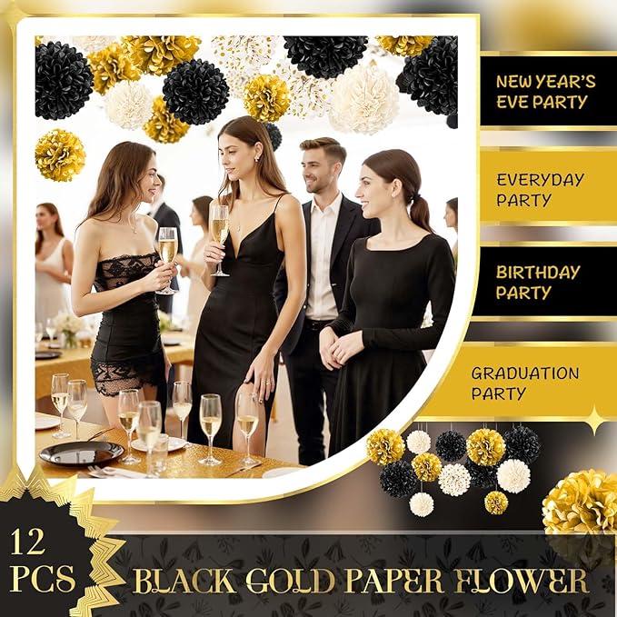 NICROLANDEE Black and Gold Party Supplies for 2026 Graduation - 12PCS Tissue Pom Poms 12" Decorative for Graduation, Wedding, Milestones Birthday for Men Women, Retirement Party, New Years Eve Party