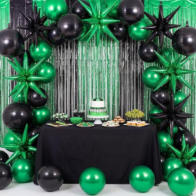 Seenelling 25 Pcs Green and Black Graduation Party Decorations 2026 Sets 22 Inch 4D Large Stars Balloons with Metallic Tinsel Foil Fringe Backdrop Curtains for Birthday Anniversary Wedding Decor