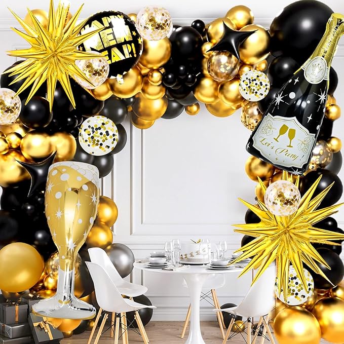 106 Pcs Black and Gold Confetti Balloons Arch Kit, Huge Black Gold Champagne Bottle Goblet Aluminum Foil Balloons for College, Kindergarten Grad, 2026 Graduation Party Decorations Supplies