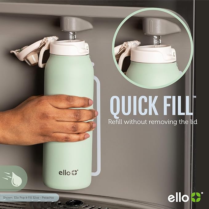 Ello Pop & Fill 32oz Stainless Steel Water Bottle with Quick Fill Technology, Double Walled and Vacuum Insulated Metal, Leak Proof Locking Lid, Sip and Chug, Reusable, BPA Free, Rosy Skyline