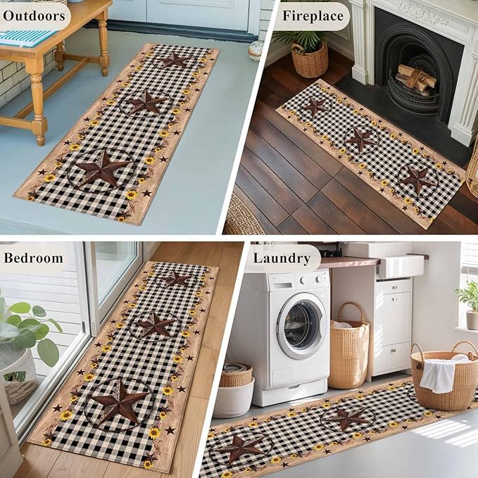 Runner Rug for Bedroom Hallway, Western Star Farm Sunflower Kitchen Runner Rugs Area Rug 2x6ft, Vintage Wood Grain Black Buffalo Plaid Washable Soft Floor Carpet for Entryway Stair