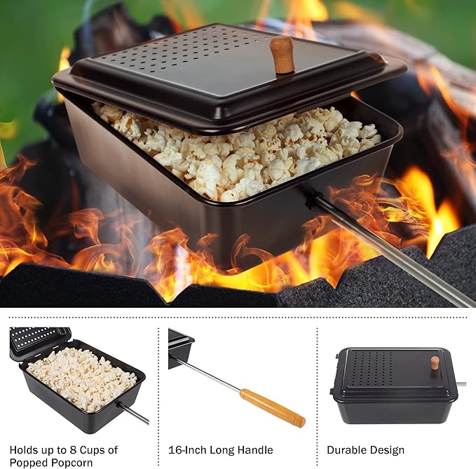 Campfire Popcorn Popper - Old Fashioned Popcorn Maker with Nonstick Finish and Extended Handle - Camping Gear and Campfire Cooking Equipment by Great Northern Popcorn (Black)