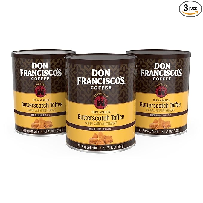 Don Francisco's Butterscotch Toffee Ground Flavored Coffee: Rich 100% Arabica Beans with Sweet Buttery Aroma - Family-Crafted for Delightful Mornings (3 x 10 oz Cans)
