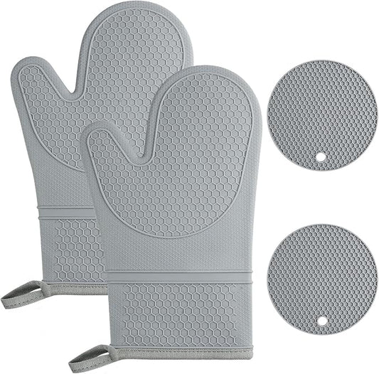 AUAUY Oven Mitts with 2 Potholders, Silicone Oven Gloves Heat Resistant 464°F, Non-Slip Silicone BBQ Gloves, Waterproof Cooking Gloves, Oven Gloves for Barbecue Kitchen Baking Microwave, Grey