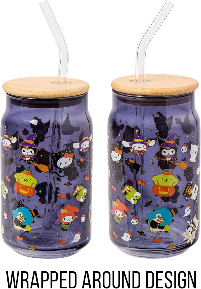 Silver Buffalo Sanrio Hello Kitty & Friends Halloween Kuromi, My Melody, Cinnamoroll, Chococat, Pompompurin, Keroppi, Tuxedo Sam, Badtz-Maru Glass Jar Tumbler w Bamboo Lid and Glass Straw, 16 Ounces
