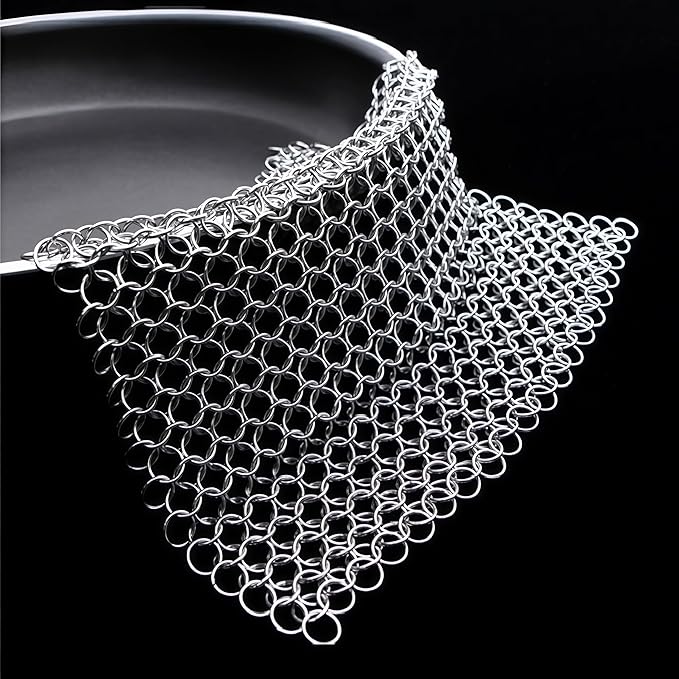8"x6" Cast Iron Scrubber Stainless Steel Chainmail Cleaner for Pre-Seasoned Pans, Griddles, BBQ Grill and Pot Cookware Cleaning