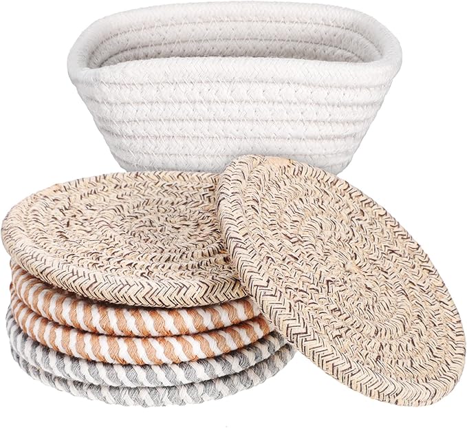 UKCOCO Bohemian Style Cotton Rope Woven Cup Coasters Set 6pcs 11cm Absorbent Decorative Drink Mats with Storage Basket for Table Bar Use Random Color
