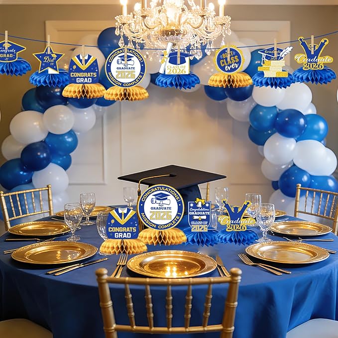 Class of 2026 Graduation Decorations - 9PCS Blue Gold Table Centerpieces, 2026 Congrats Grad Honeycomb Centerpieces Table Decor for Graduation Party Supplies