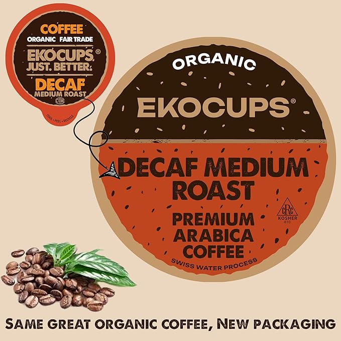 EKOCUPS Organic Swiss Water Decaf Medium Roast Coffee Pods, 30% More Coffee Per Cup, Fair Trade Decaffeinated Coffee for Keurig K Cup Machines, Recyclable Pods, 40 Count