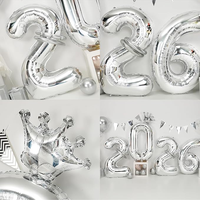2026 Balloons Silver,40 Inch 2026 Number Balloons with Foil Crown Balloons for Happy New Year Decorations New Years Eve 2026 Graduation Decorations Class of 2026 Party Supplies