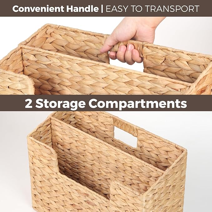 Handwoven Divided Water Hyacinth Wall Magazine Holder - Natural Hanging Organizer for Mail, Newspapers & Magazines, Books & Files - Divided Magazine Basket for Entryway, Living Room, Office