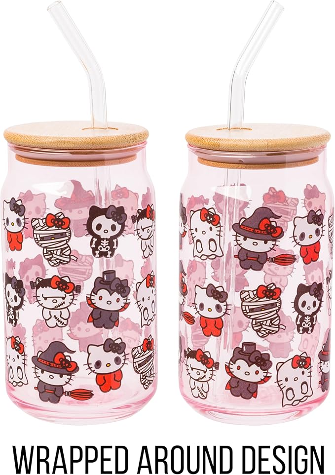 Silver Buffalo Sanrio Hello Kitty and Friends Halloween Spooky Costumes Ghost Witch Vampire Zombie Frankenstein Skeleton Pink Glass Jar Tumbler with Bamboo Lid and Glass Straw, 16 Ounces