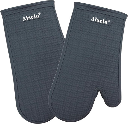 Alselo Oven Mitts Heat Resistant Silicone Kitchen Gloves for 550 Degrees with Waterproof and Non-Silp, Set of 2 Oven Gloves for Baking Cooking Barbecue Microwave Machine Washable (Grey, 2)