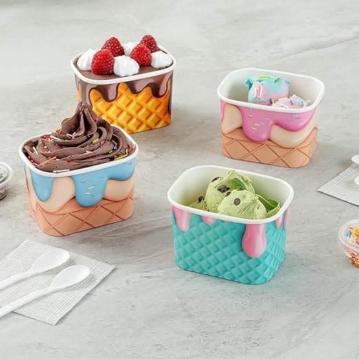 Restaurantware Paper Cups 200 Count 12 Ounce Square Disposable Ice Cream Containers, Leak-Resistant Paper Dessert To Go Cups, Hot And Cold Food, Durable Bubblegum Splash Design