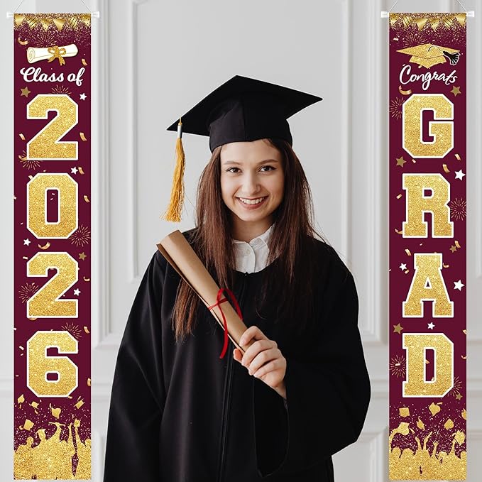 2026 Graduation Party Decorations - Maroon Gold Class of 2026 Congrats Grad Porch Sign Banner Hanging Flag Graduation Party Supplies for School College Classroom Decor