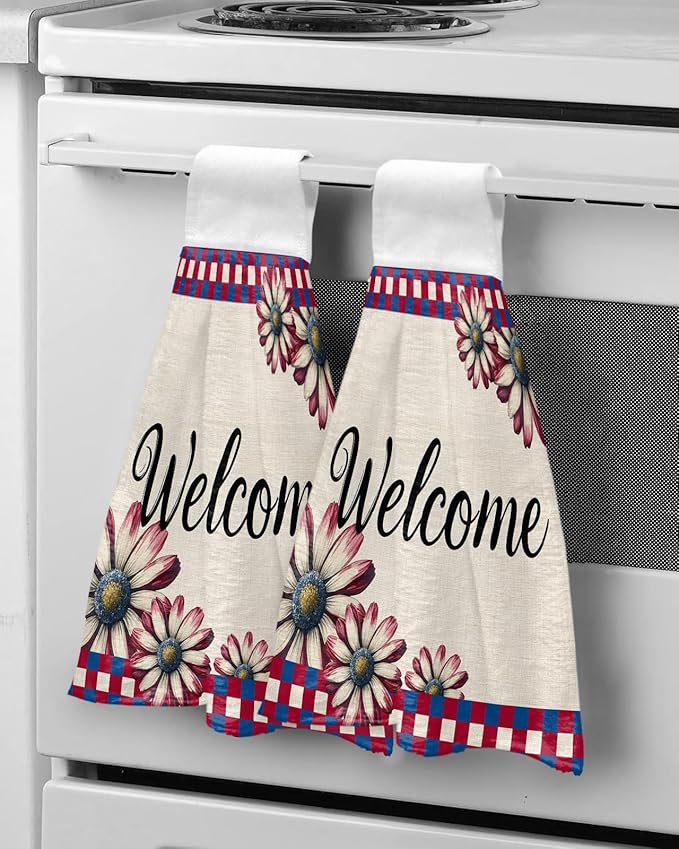 Alandar Home Kitchen Tie Towel Set of 2, Watercolor Daisy Red Blue Plaid Absorbent Soft Hand Towels for Bathroom Hanging Towels, Independence Day Flower on Flax Fast Drying Cleaning Cloth with Loop