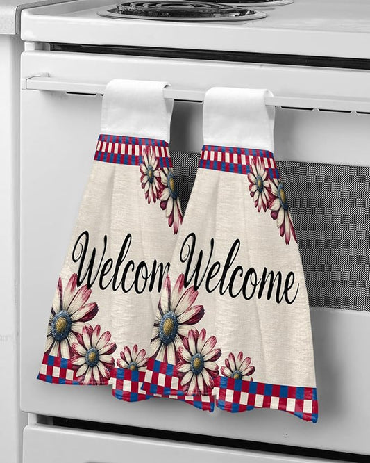 Alandar Home Kitchen Tie Towel Set of 2, Watercolor Daisy Red Blue Plaid Absorbent Soft Hand Towels for Bathroom Hanging Towels, Independence Day Flower on Flax Fast Drying Cleaning Cloth with Loop