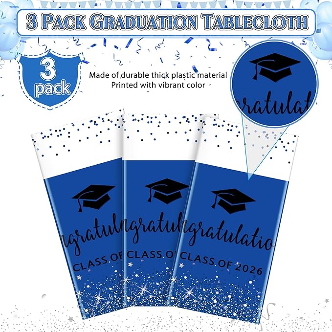 3 Pack Class of 2026 Graduation Tablecloths,Foil Dot Plastic Disposable Rectangle Table Covers for 2026 High School University College Graduation Party Decorations,108*54 Inch (Blue and Black)