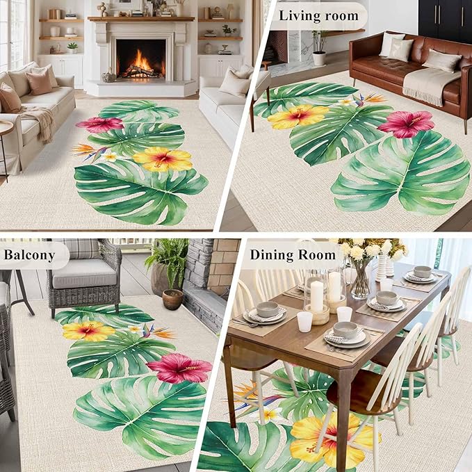 Area Rug 8x10ft, Country Monstera Hibiscus Foliage Washable Rugs for Living Room Bedroom, Tropical Plant Vintage Linen Soft Non-Slip Area Rugs Rectangle Floor Carpet for Dining Room