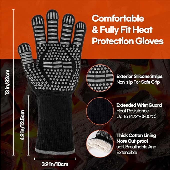 BBQ Gloves Heat and Flame Resistant Protection - Oven and Grill Gloves Hand Protection, Extended Wrist for Addtional Safety, Ideal for Outdoor Cooking, Grilling, Barbeque and Campfire (Grey)