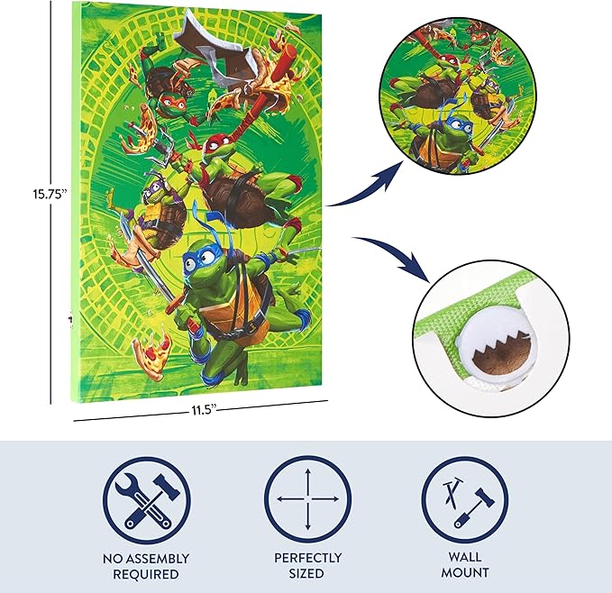 Teenage Mutant Ninja Turtles LED Wall Art for Kids,11.5x15.75 Inch Light-Up Canvas Décor with Hanging Hooks, Battery Operated Night Light for Toddlers & Children’s Bedrooms or Playrooms