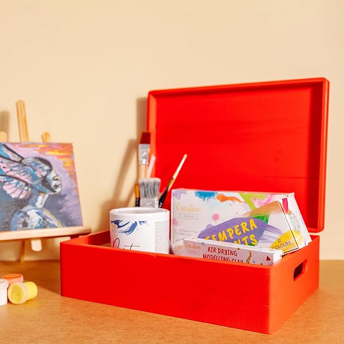 Creative Deco XL Red Wooden Box Storage with Hinged Lid | 15.8x11.8x5.5in (+-0.5) | Keepsake with Handles | Gift Box for Tool Dog Toy Kitchen Storage | Wood Chest Trunk