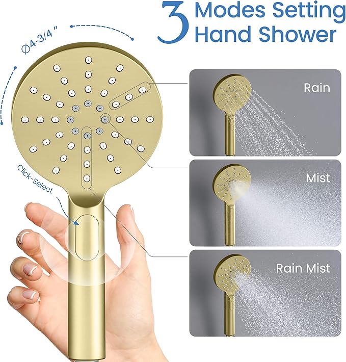 KIBI Circular Ceiling Mounted Shower System with 2-Function Faucet Set | Solid Brass Pressure Balanced Valve | Anti-Scald Design for Reliable Water Temperature Control (Brushed Gold Finish, KSF408)