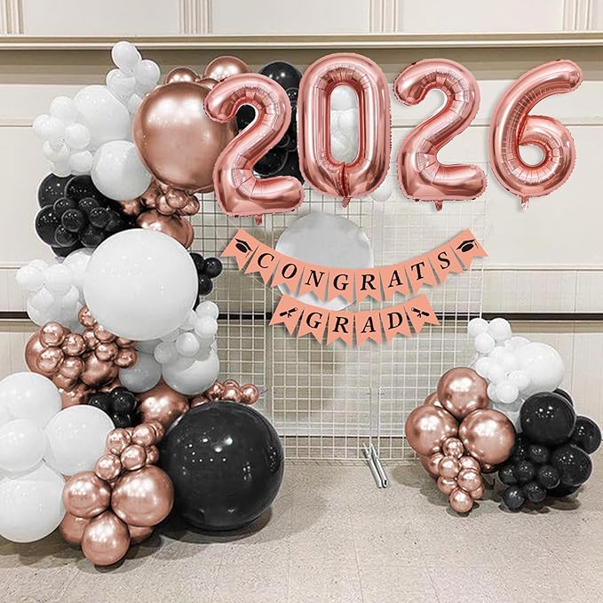 Graduation Decorations Class of 2026: Rose Gold and Black Graduation Balloon Arch Garland Kit and Rose Gold Confetti Balloons Congrats Grad Banner 2026 Foil Balloon Decorations For Grad Party