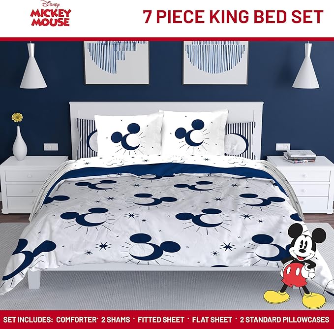 Disney Mickey Mouse King Comforter Set - 7 Piece Bedding Includes Sheet Set & Pillow Covers - Super Soft Cozy Celestial Bedding