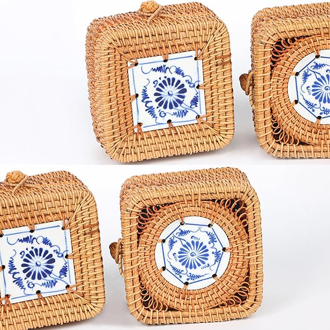 Rattan Box with Lid: Blue-and-White Porcelain Decorative Rattan Storage Box, Hand-Woven Wicker Storage Basket with Lid, for Sundries Tea Case Picnic Food Containers (Square 2, 4.33in*4.33in* 2.36in)