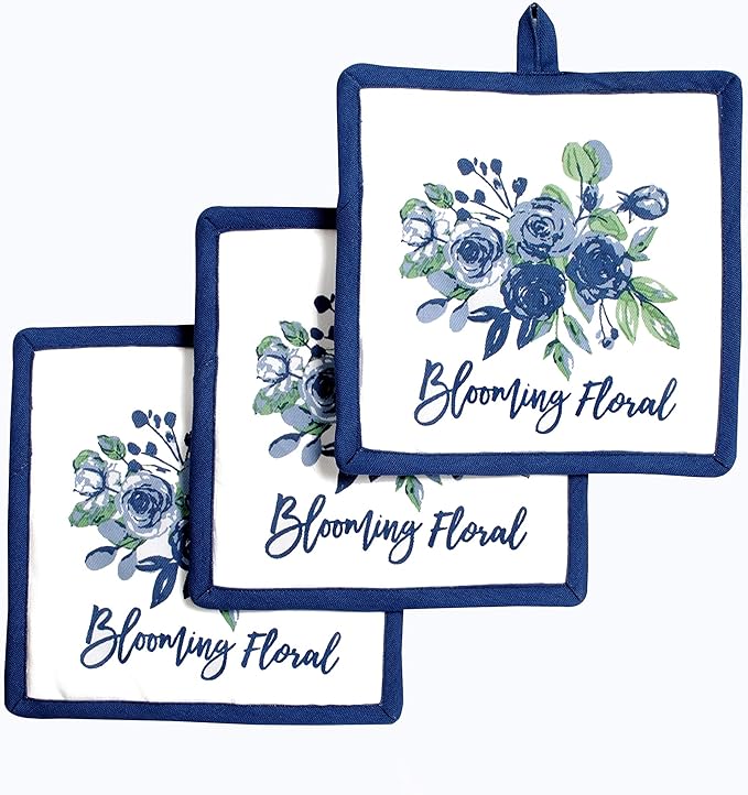 AMOUR INFINI Pot Holders Heat Resistant Cotton Set of 3 Nonslip 8"x8" Inch Hot Pads for Kitchen, BBQ, Baking & Cooking with Hanging Loops (Blooming Floral)