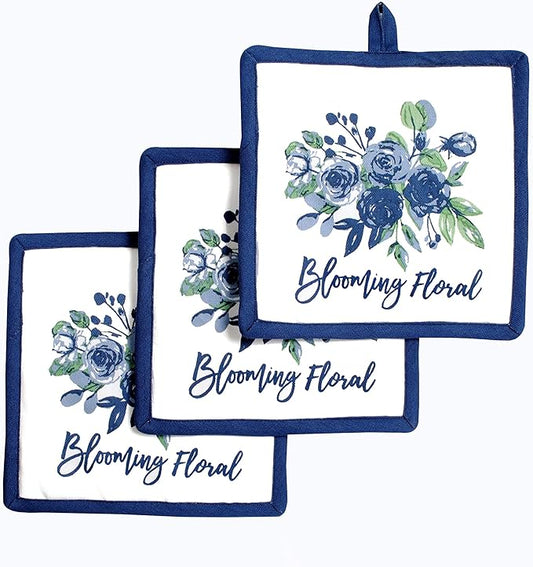 AMOUR INFINI Pot Holders Heat Resistant Cotton Set of 3 Nonslip 8"x8" Inch Hot Pads for Kitchen, BBQ, Baking & Cooking with Hanging Loops (Blooming Floral)