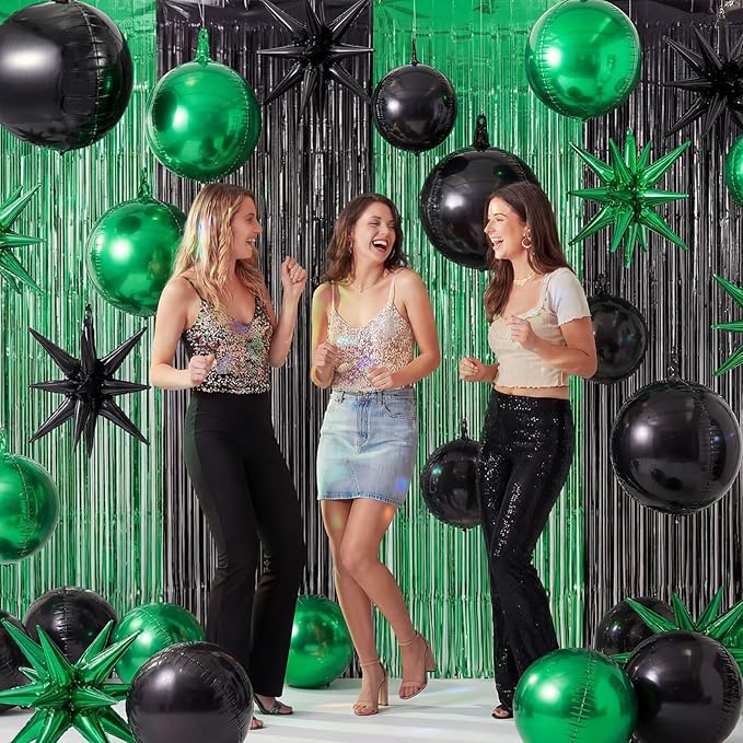Seenelling 25 Pcs Green and Black Graduation Party Decorations 2026 Sets 22 Inch 4D Large Stars Balloons with Metallic Tinsel Foil Fringe Backdrop Curtains for Birthday Anniversary Wedding Decor