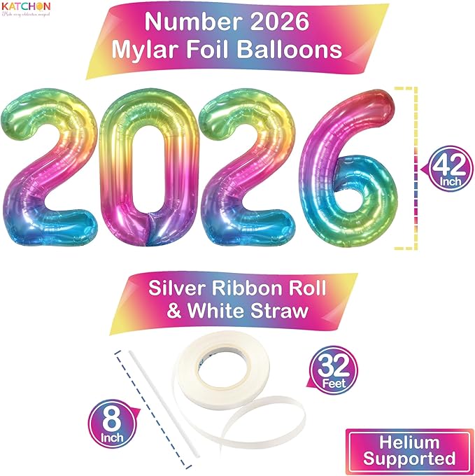 Rainbow Graduation Decorations 2026 | Giant, 42 Inch, Foil 2026 Graduation Balloons Class of 2026 Decorations | 2026 Balloons Number, Graduation Party Decorations | Prom Decorations 2026, Katchon
