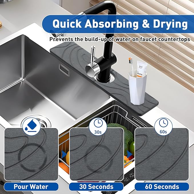 2 Pcs Faucet Mat for Kitchen Sink 15.74”×3.94” Diatomite Quick Dry Sink Splash Guard Absorbent Kitchen Stone Sink Tray Faucet Splash Guard for Bathroom Counter