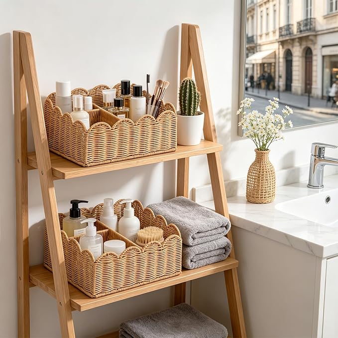 Rattan Divided Scalloped Basket,Wicker Diaper Caddy Scalloped Baske,Woven Natural Basket with 4 Dividers,Suitable for Baby Rooms, Bathrooms, Bedrooms (Imitation Rattan)