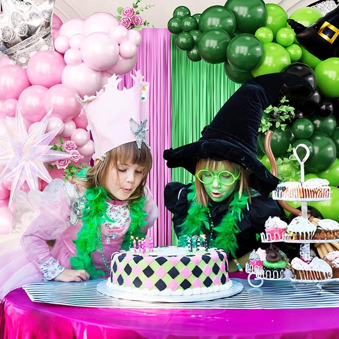 Pink and Green Balloon Arch Kit, 153Pcs Wick Party Decorations with Wick Balloons Arch and Foil Fringe Curtains for Princess Birthday Fairy Wonderlad Party Supplies