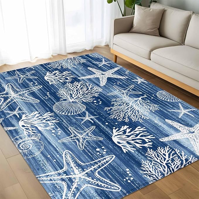 Navy Blue Coastal 6x9 Area Rugs, Ocean Coral Starfish Non-Skid Rubber Backing Large Rectangle Rugs - Living Room Bedroom Home Office, Summer Beach Indoor Floor Mat Carpets Washable Rug