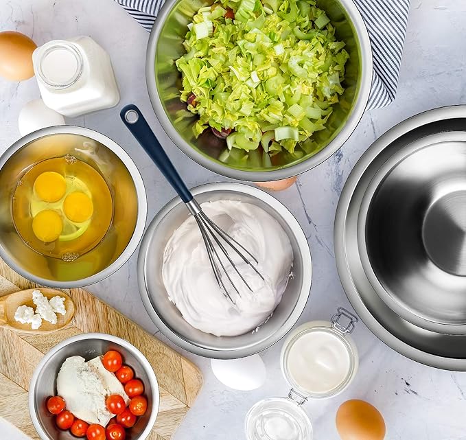 JOYTABLE 14 Piece Mixing Bowls With Measuring Cups And Spoons Set - Premium Stainless Steel Mixing Bowls Set - Nesting & Stable Metal Mixing Bowls Great For Kitchen, Baking, Cooking, Or Prep
