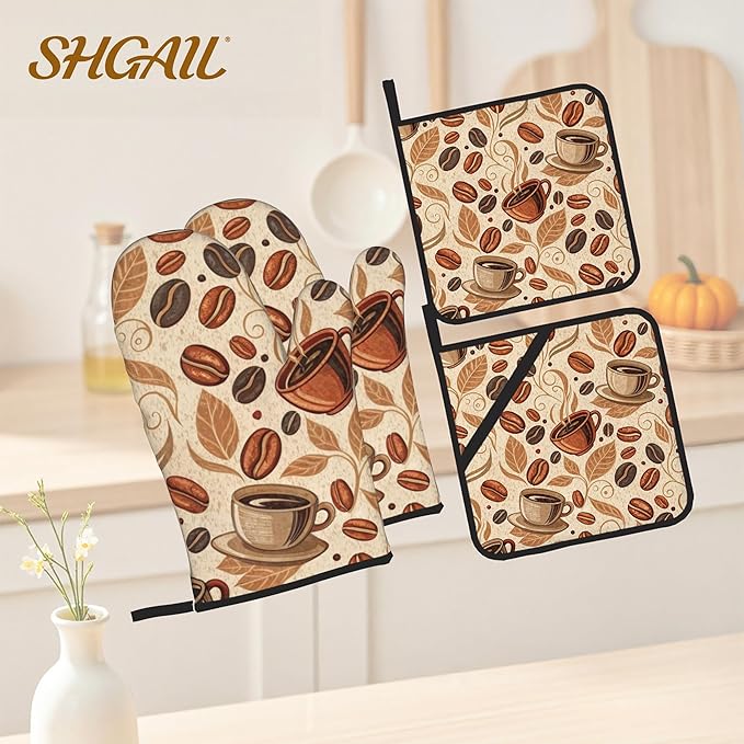 Vintage Coffee Leaves Oven Mitts and Heat Resistant Pads - Heat Resistant Gloves Potholder Set of 4 for Cooking, BBQ, Gifts for Women