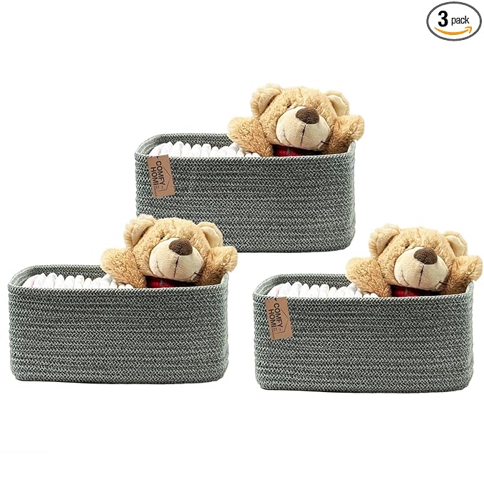 COMFY-HOMI 11.5"x7.5"x4.7" Storage Baskets for Organizing | Cotton Rope Woven Basket | Toy Storage Bin Box | Basket for Shelves, Closet Organizer Bin, Decorative Closet Shelf, 3 Pack, Green