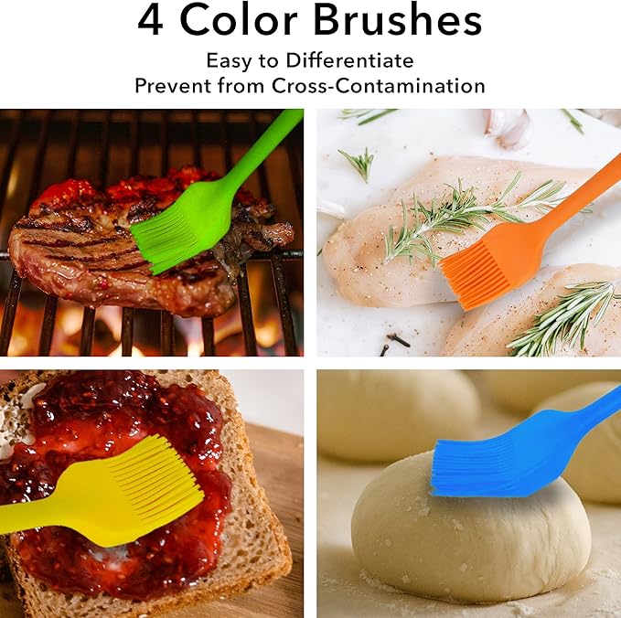 Arora Silicone Basting Brush,Heat Resistant Silicone Brushes Set of 4 for Sauce Marinade Meat Glazing, Oil Brush for BBQ Kitchen Cooking Baking and Grilling
