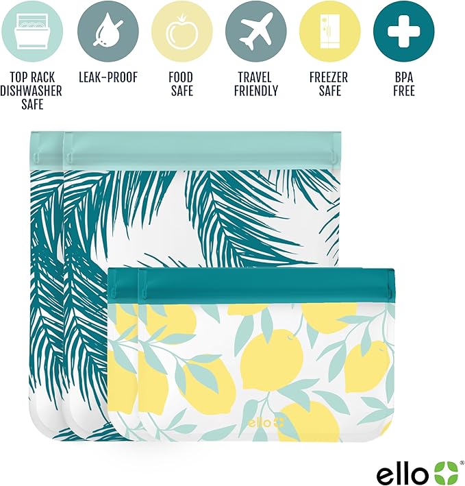 Ello 4 Pack Reusable Food Storage Bags, Resealable BPA-Free, Food-Safe PEVA, Feezer Safe and Leak-Proof