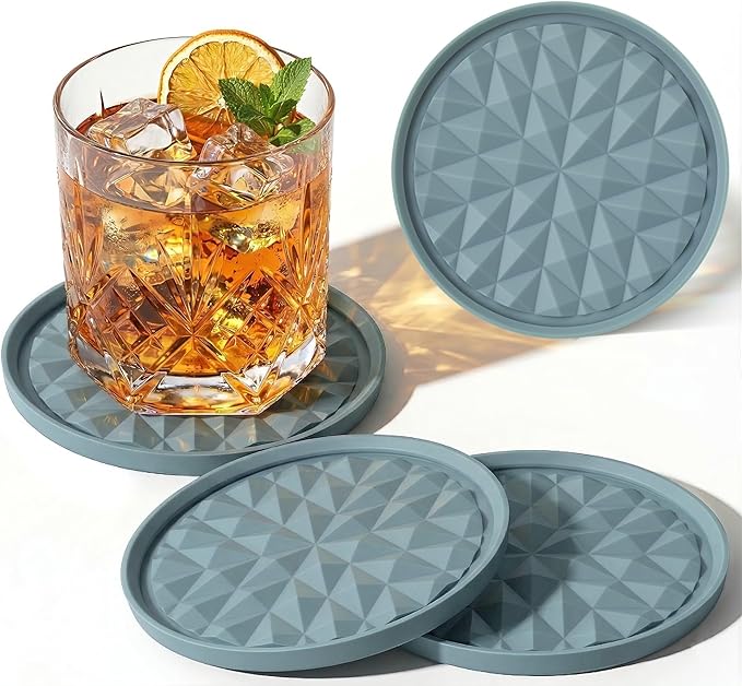 Silicone Coasters for Drinks[4 Pack]- Cup Mat for Tabletop Protection-Non-Slip, Non-Stick, Coffee Table Decor, Great Gift for Galentines Day, Light Blue