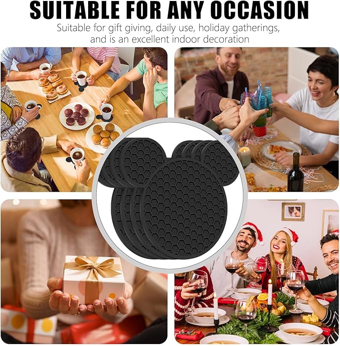 Mouse Ears Silicone Coasters Non-Slip Black Coasters for Hot or Cold Drinks, Beer, Coffee, Anti-Overflow Tabletop Protection Christmas Birthday Wedding Housewarming Home Decor Gifts