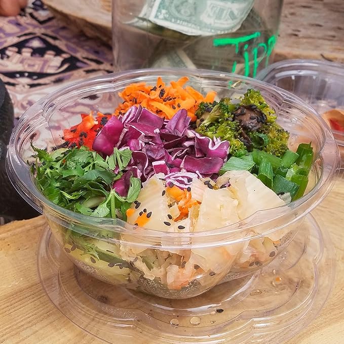 ECO PRODUCTS Compostable 24oz Salad Bowl, Clear PLA Plastic, With Lid, Case of 150, Grab 'n' Go Round Cold Takeout Food Containers, Renewable Plant-Based, Disposable, ASTM Compliant, BPI-Certified